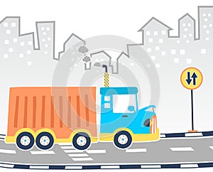Cartoon illustration of big truck in the road