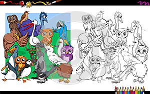 Bird characters group coloring book