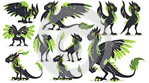 This is a cartoon illustration of a black griffin with green wings, isolated on a white background. A wild hippogriff