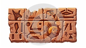 Cartoon illustration of black stone board or clay tablet with Egyptian hieroglyphs and anubis dog head.