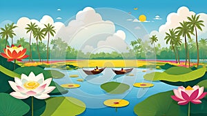 a cartoon illustration of a boat with a boat and lily pads on the water photo