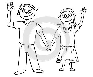 Cartoon Illustration of Boy and Girl Holding Each Other`s Hands