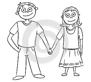 Cartoon Illustration of Boy and Girl Holding Each Other`s Hands