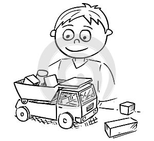 Cartoon Illustration of Boy Playing with Toy Car and Wooden Bricks Blocks