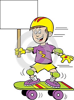 Cartoon boy riding a skateboard while holding a sign.