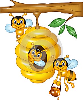 Cartoon illustration of branch of a tree with a beehive and bees