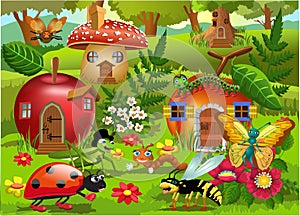 Cartoon illustration of bug world with insects houses