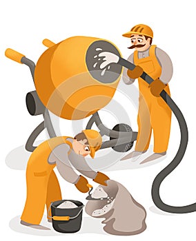 Cartoon illustration about building. Two worker make concrete in concrate mixer