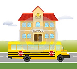 Cartoon illustration with bus and school building