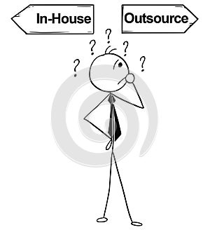 Cartoon Illustration of Business Man Doing In-House or Outsource photo
