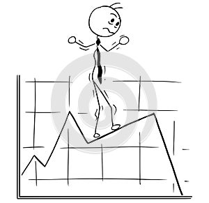Cartoon Illustration of Business Man Walking Carefully on Graph
