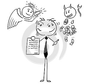 Cartoon Illustration of Businessman or Salesman Offering Contract and Deciding Between Being Good or Bad Person
