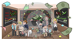 Cartoon illustration of businesspeople, broker, and investor