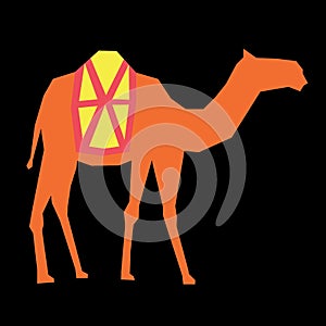 Cartoon illustration of a camel with saddle.
