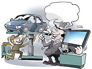 Cartoon illustration of a car owner there drink coffee
