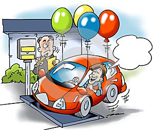 Cartoon illustration of A car owner trying to cheat with the total weight of the vehicle road tax