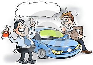Cartoon illustration of a car salesman holding a small petrol can