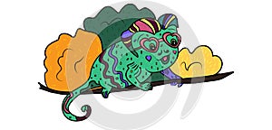 A cartoon illustration of a chameleon with glasses in shape of heart. Valentine`s Day. Little cute green chameleon smiles.