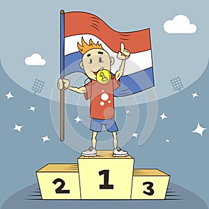 Cartoon illustration champion of Netherland with a gold medal and a flag in his hand