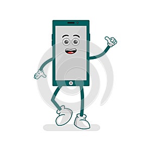 cartoon illustration of a character in the shape of a mobile phone with hands and feet.