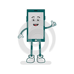 cartoon illustration of a character in the shape of a mobile phone with hands and feet.