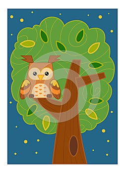 Cartoon illustration for children, colorful poster. Night landscape. The owl in the tree