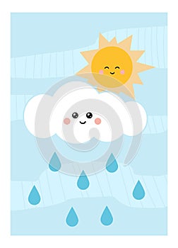 Cartoon illustration for children, colorful poster. Sun with cloud and raindrops in the blue sky