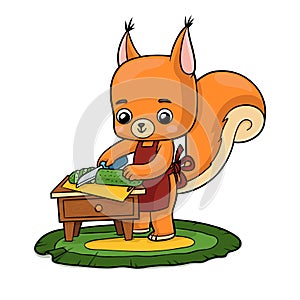 Cartoon illustration for children, Cute squirrel cooks food and cuts cucumber