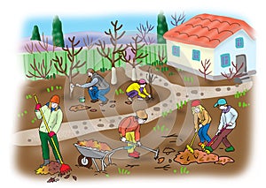 Cartoon illustration . children do gardening in the spring in the village.