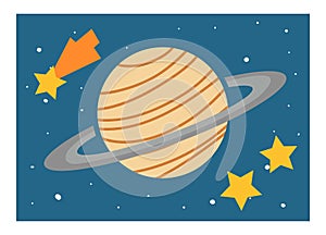 Cartoon illustration for children. Educational poster about space. Planet Saturn and stars