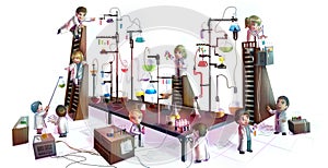 Cartoon illustration of children scientists studying chemistry,