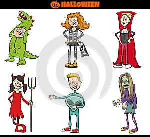 Children in Halloween costumes set cartoon illustration