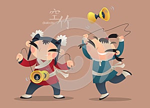 Cartoon illustration of Chinese kids playing diabolo