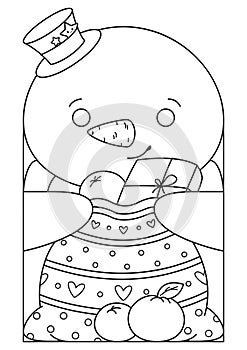 Cartoon illustration of christmas coloring page with snowman for advent calendar