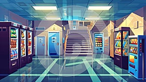 This is a cartoon illustration of a classroom corridor with a metal locker, stairwells, door and note concerning a