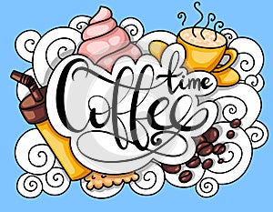 Cartoon Illustration of coffee cup beans and some sweets in sketch doodle style