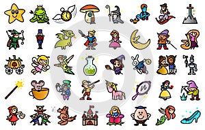 Cartoon illustration of Colored cute 40 Fairy tail icons set. Set of Fantasy Related Vector Line Icons.