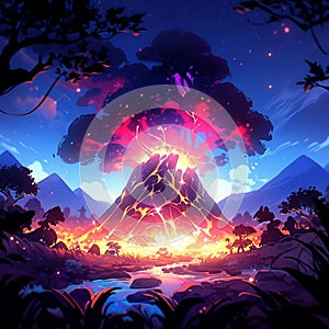 Cartoon illustration of colorful exploding volcano at night AI Generated