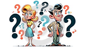 Cartoon illustration of a confused man and woman with question marks