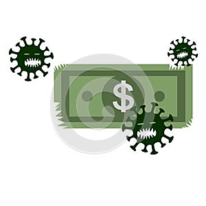 Cartoon illustration of Covid eats dollar. The economic crisis and the fall of markets due to the outbreak of the coronavirus