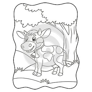cartoon illustration a cow walking for food in the middle of the forest under a big tree book or page