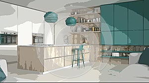Cartoon illustration of cozy modern kitchen, interior design. Colorful background, apartment concept with furniture, digital