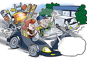 Cartoon illustration of a craftsman who has sold his van, his wife annoys