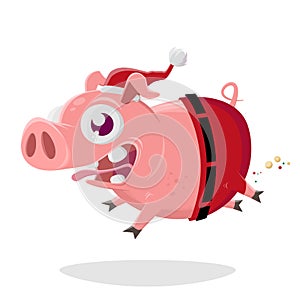 Cartoon illustration of a crazy pig in santa claus costume