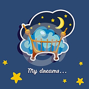 Cartoon illustration of a crib. Night dreams. Vector sign