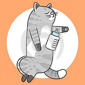 Cartoon illustration of cute cat sleeping with a milk bottle