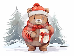 Cartoon illustration of cute Christmas bear with gift box and New Year Trees on white