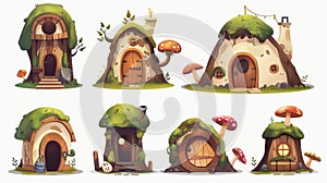 Cartoon illustration of cute fairytale houses isolated on white background. Modern illustration of fantasy tree stump