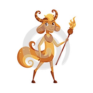 Cartoon Faun Character with Torch: Mythical Creature Isolated on White Background photo