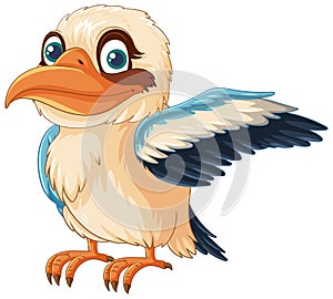 A cartoon illustration of a cute Kookaburra bird standing with one wing open, isolated on a white background